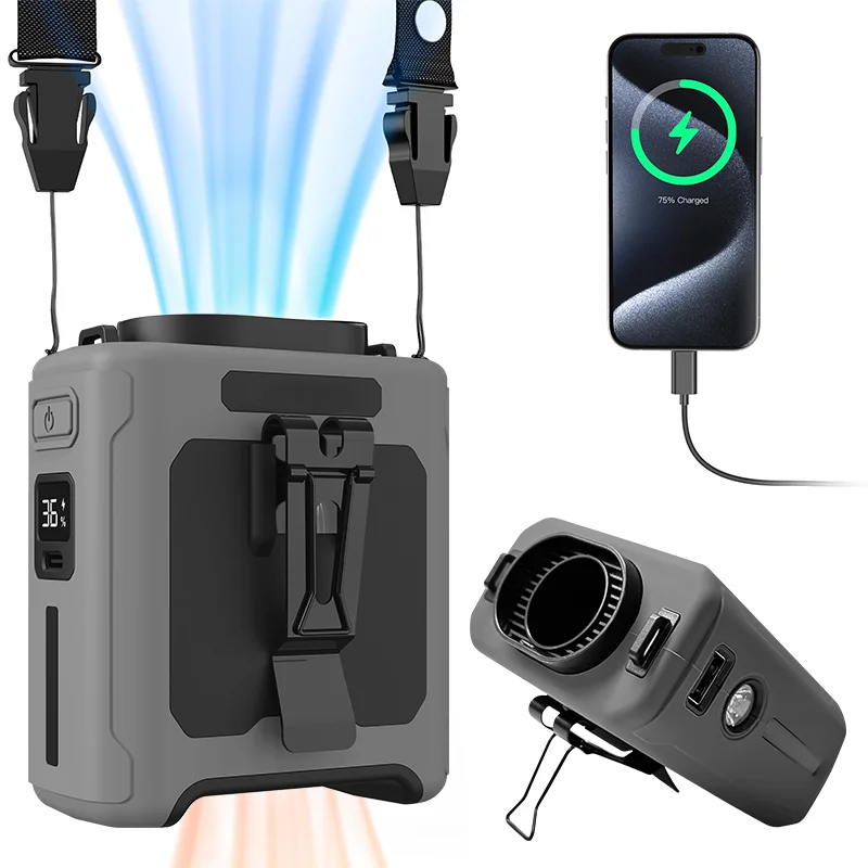 Outdoor Camping Ventilator - LED 照明ぶら下げ首強風屋外作業 USB ファン 10000mAh ポータブルウエストファン冷却ファンキャンプサーチライト