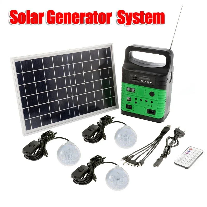 Camping Solar Lantern - ポータブルキャンピングソーラージェネレーター,ソーラーパネル,ラジオ,3電球,リモコン,屋外緊急供給