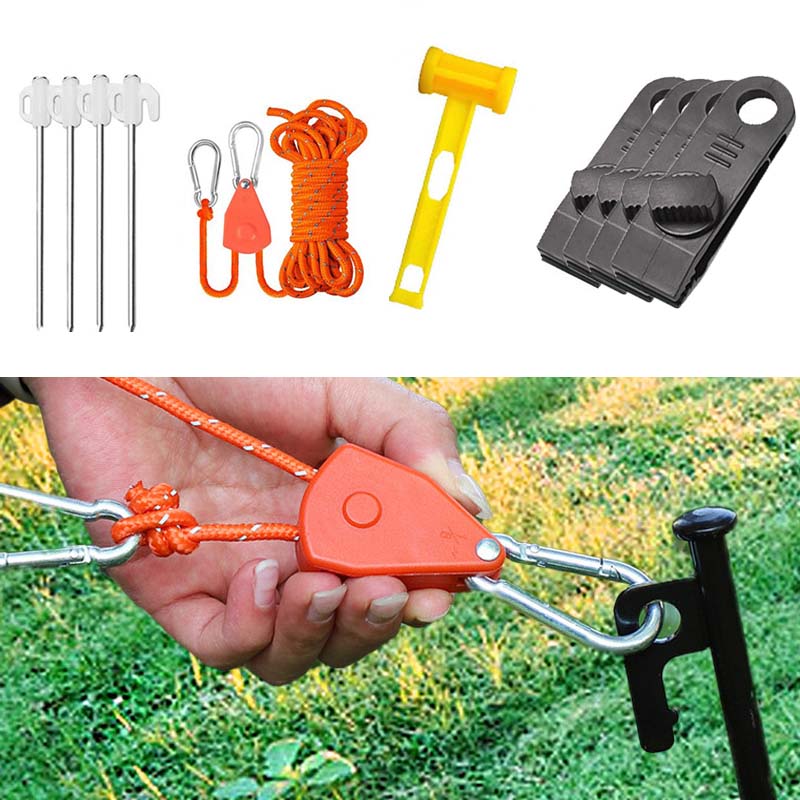 Outdoor Camping Guy - プーリーレギュレーターテント高反射防風ロープ蛍光ガイラインキャンプコード釘ハンマー付き屋外キャンプ用