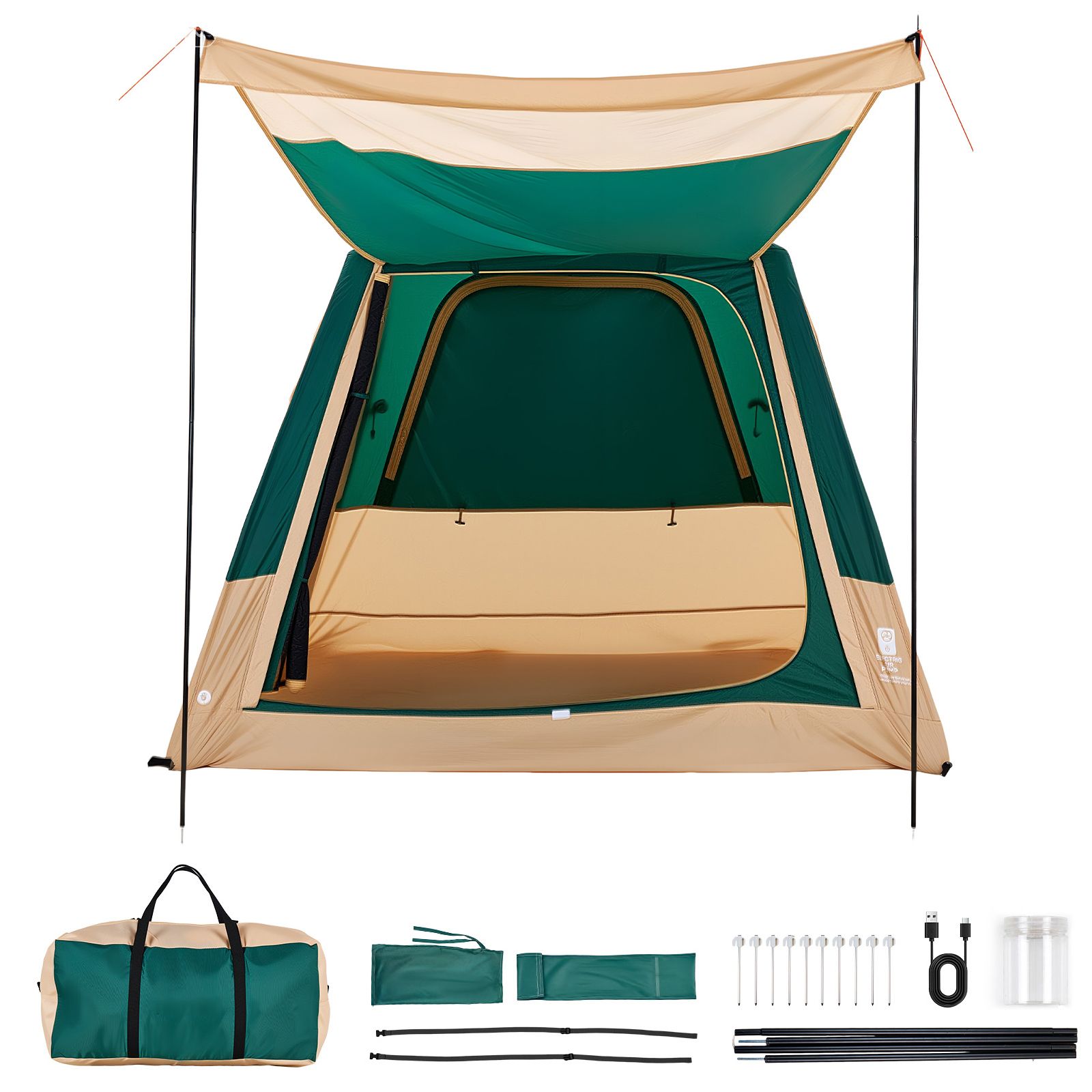 Outdoor Camping On Youtube - キャンプテント、4人用インフレータブルキャビンテント、充電式ポンプ付き、TPUエアチューブ＆5つの大型メッシュ窓、持ち運び簡単設置、防水、キャリーバッグ付き、家族でのアウトドアキャンプ＆ハイキングに最適、グリーン