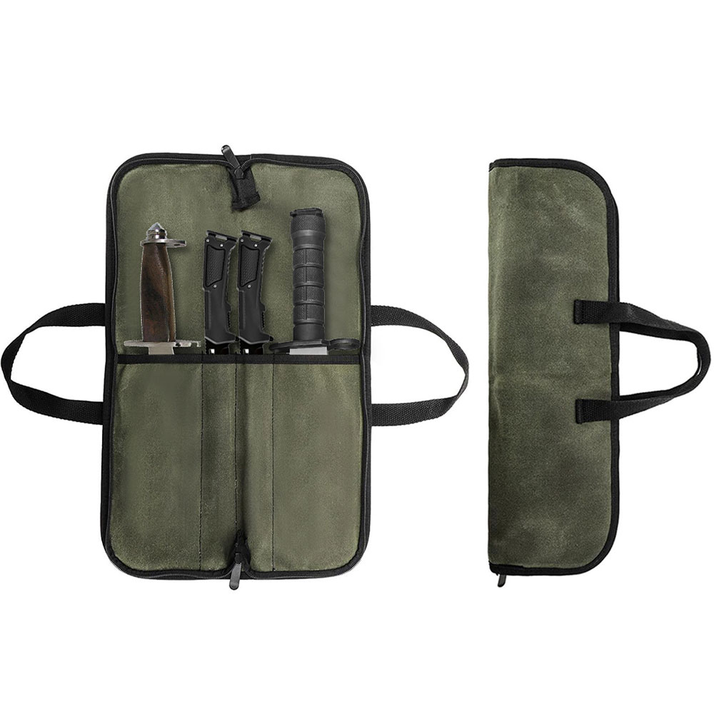Camping Knife Multi-Tool - ワックスキャンバス製ナイフロールバッグ、多機能ポータブルシェフナイフ収納ケース、戦術用キャリーバッグ、料理やキャンプ用ツール用ナイフバッグ