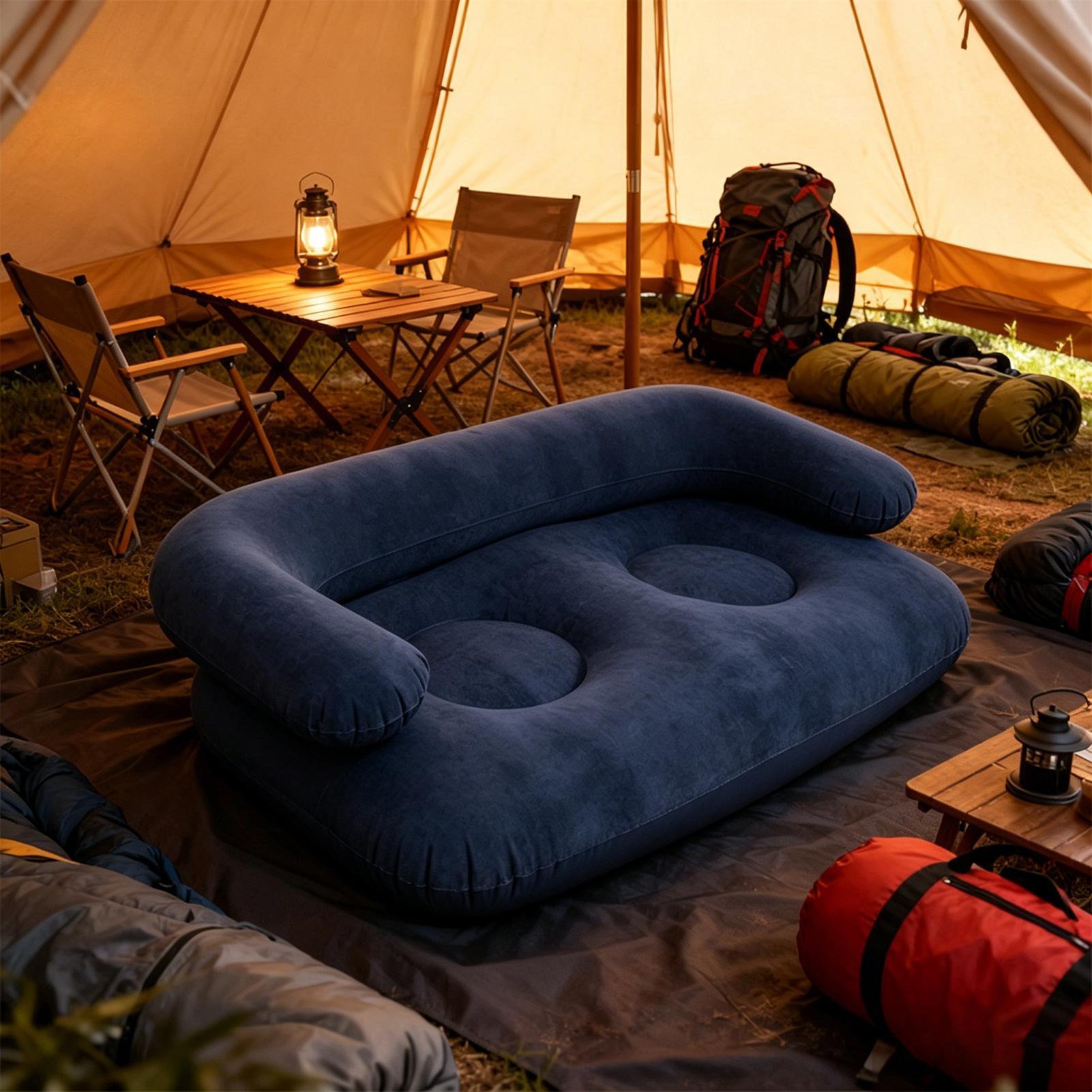 Outdoor Camping Decke - 135X66X45cm フロッキング加工インフレータブルソファ、クイックインフレーション機能付き、パティオ、ガーデンデッキ、屋内外用ポータブルブローアップカウチ