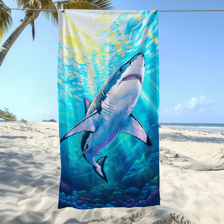Camp Towel Microfiber - 1枚入り サメ柄 砂よけマイクロファイバービーチタオル - 柔らかく、吸水性があり、速乾性があります -