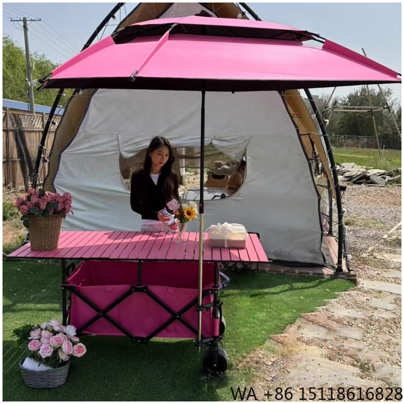 Outdoor Camping Furniture - 420L高品質4段階高さ調節可能ヘビーデューティー折りたたみ式ワゴン（キャノピー付き、ピンク、幅広ホイール）キャンプ＆販売カート用