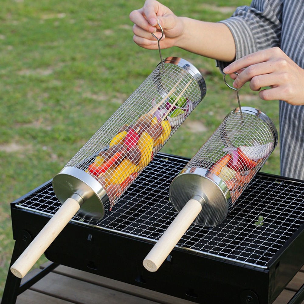 ステンレス製回転式BBQグリルバスケット、木製ハンドル付き回 - Outdoor Camping Youtube のレビューと価格