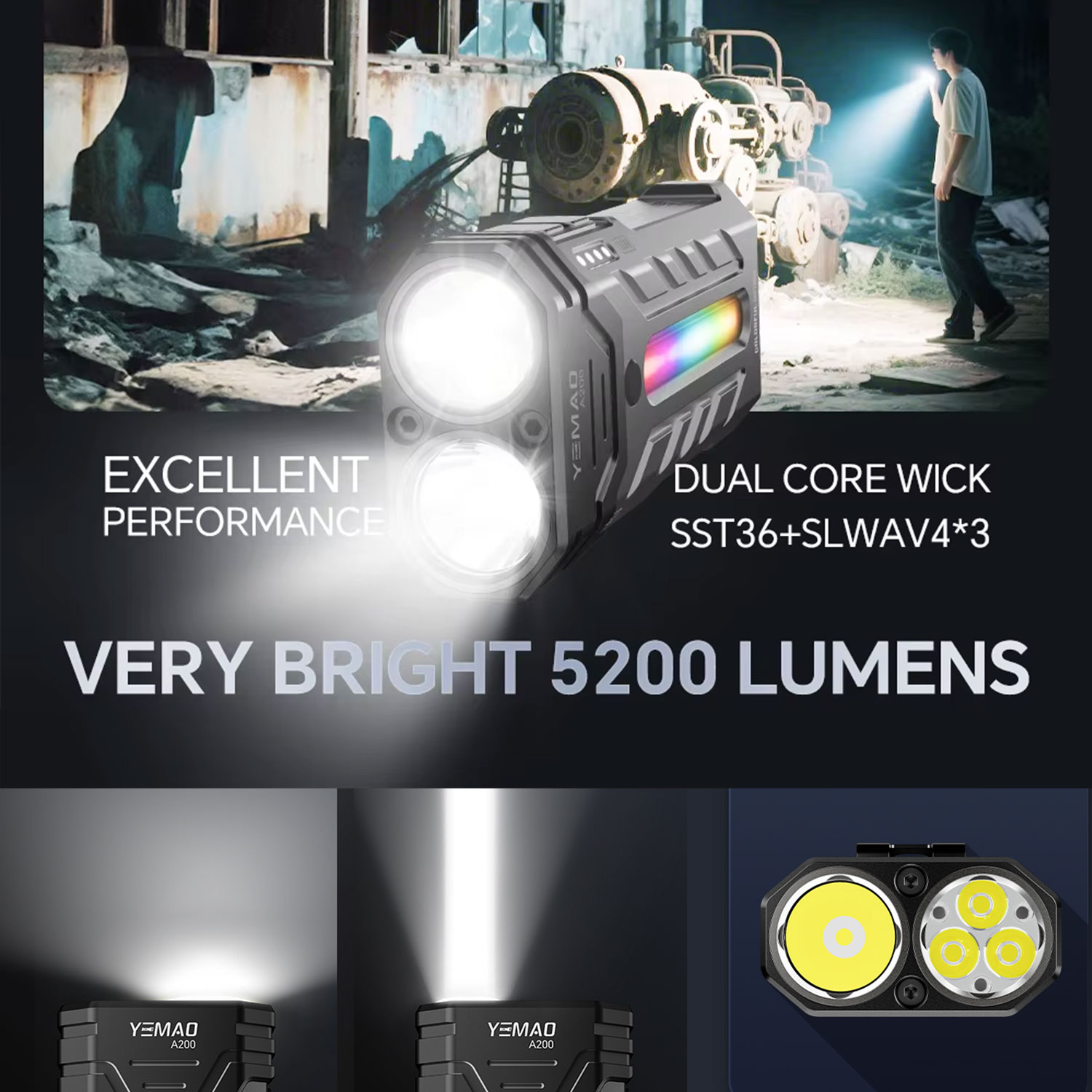 5200LM革新的な多機能ポータブルRGB LED懐中電灯、 - Outdoor Camping Adventures のレビューと価格